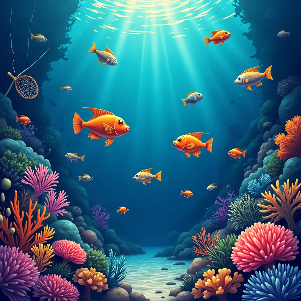 Cartoon fish shooting game scene with colourful sea creatures and cannons